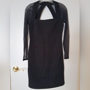 Elegant Moda International Black Ribbed Dress With Mesh Sleeves